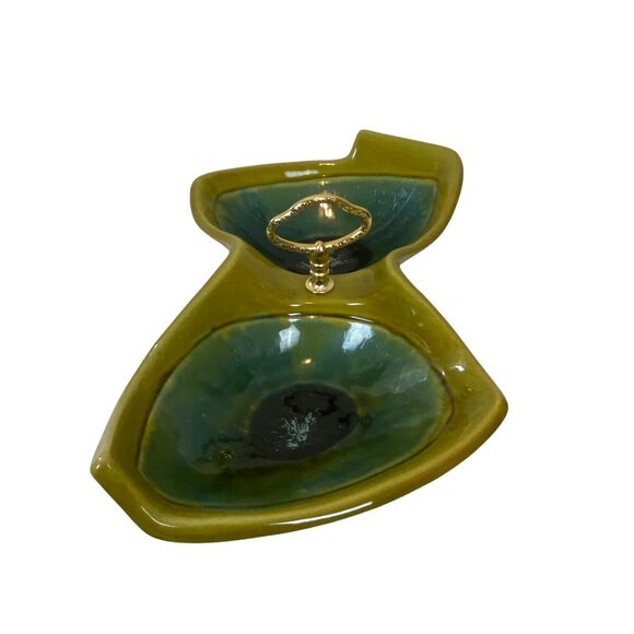 Tidbit Tray Nut Dip Bowl Vintage Green Blue Ceramic Mid Century Asymmetrical - Picture 3 of 16